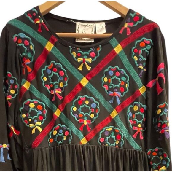 Michael Simon Christmas Dress S Black Midi Holiday Festive Embroidered‎ Pockets - Picture 2 of 6